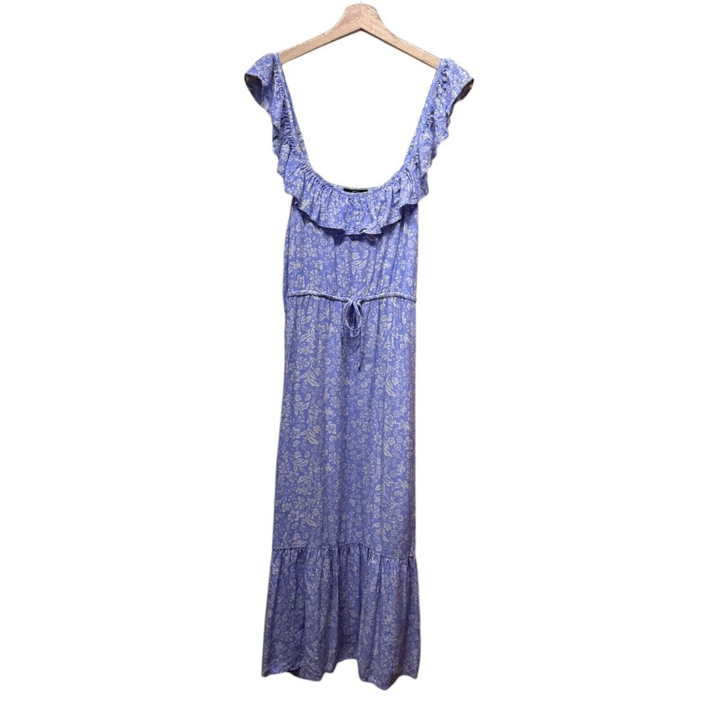 J. Crew Midi Dress Size XL Blue Floral Ruffle Sleeveless Boho Cottagecore